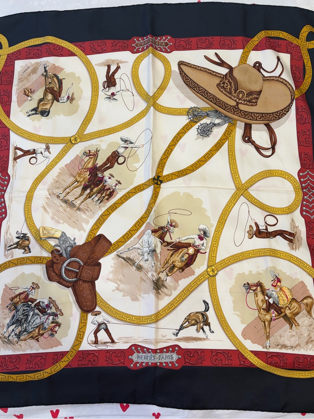 Hermes Equestrian Silk Scarf in Navy, Cream, Red, Gold and Brown